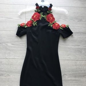 Black embroidered rose mini dress